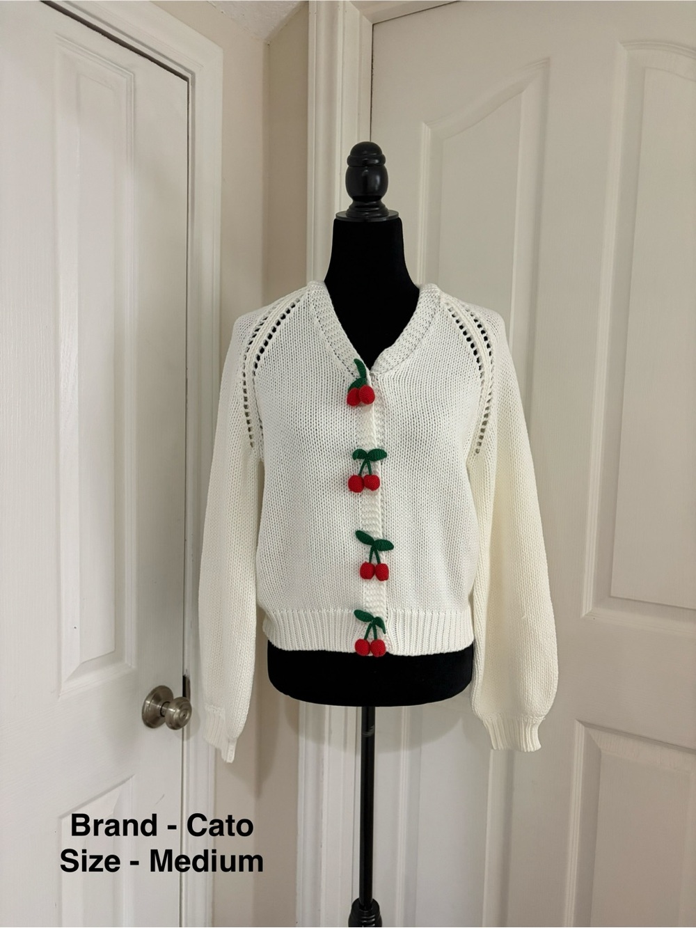 Cato Cream Knit Cardigan with Red Cherry Button Accents